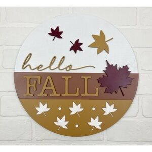 Hello Fall Handcrafted Wooden Sign Layered Wood Hand Painted 14 Inch Round